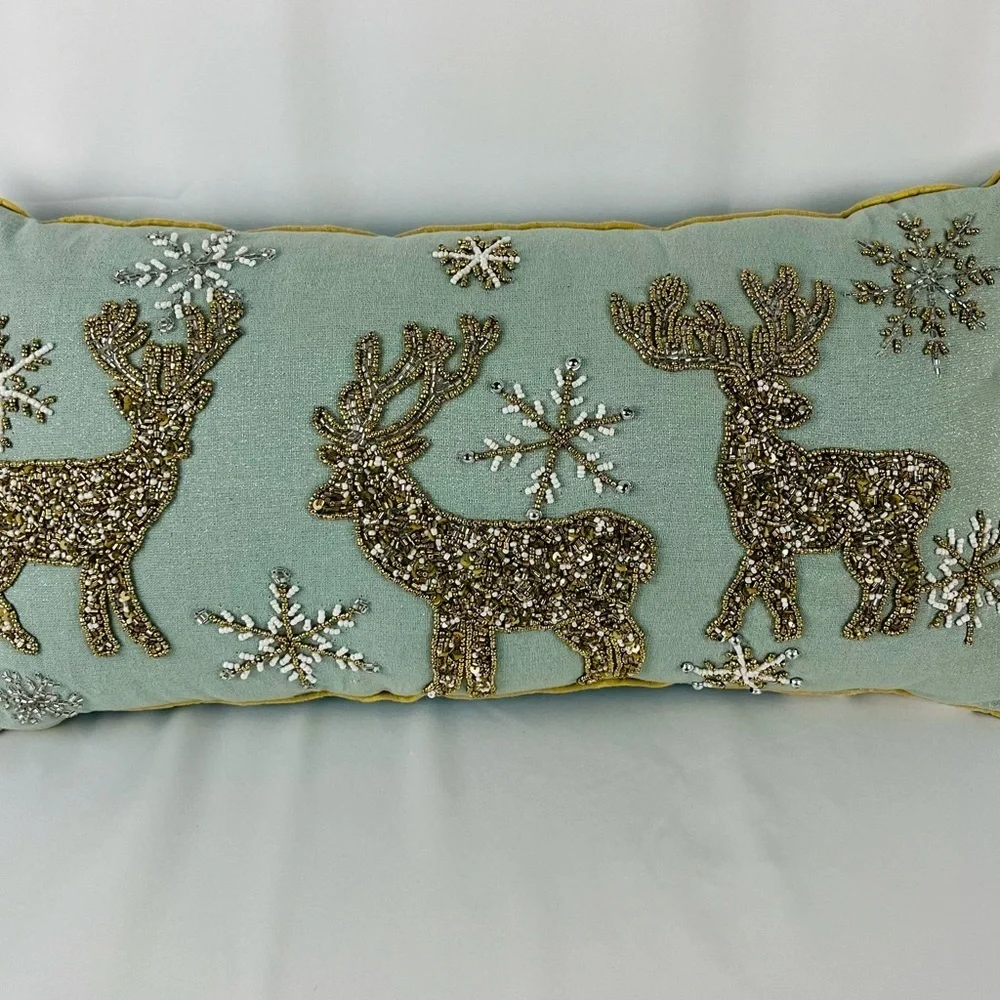 Liberty Beaded Reindeer Snowflake Lumbar Accent Throw Pillow Teal Gold Bronze